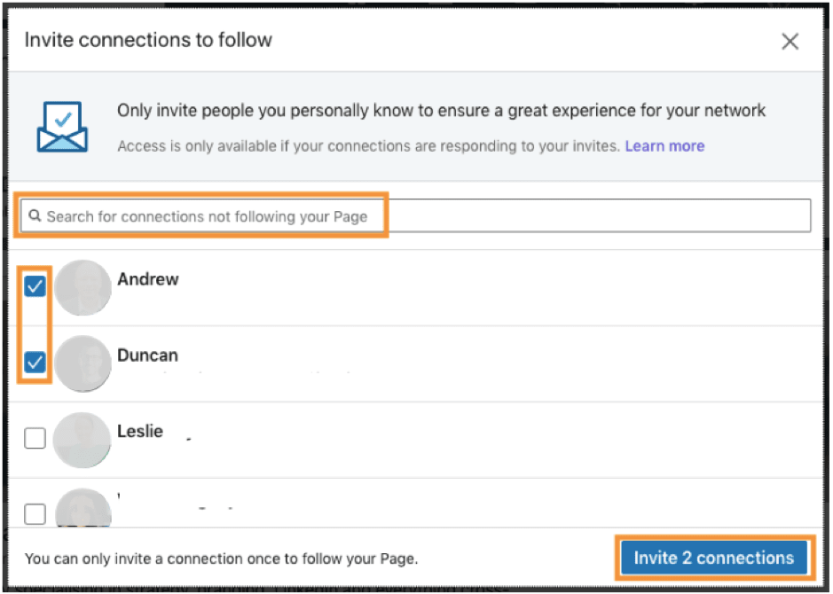 Training on LinkedIn, Selecting LinkedIn connections to send an invite to follow your business page
