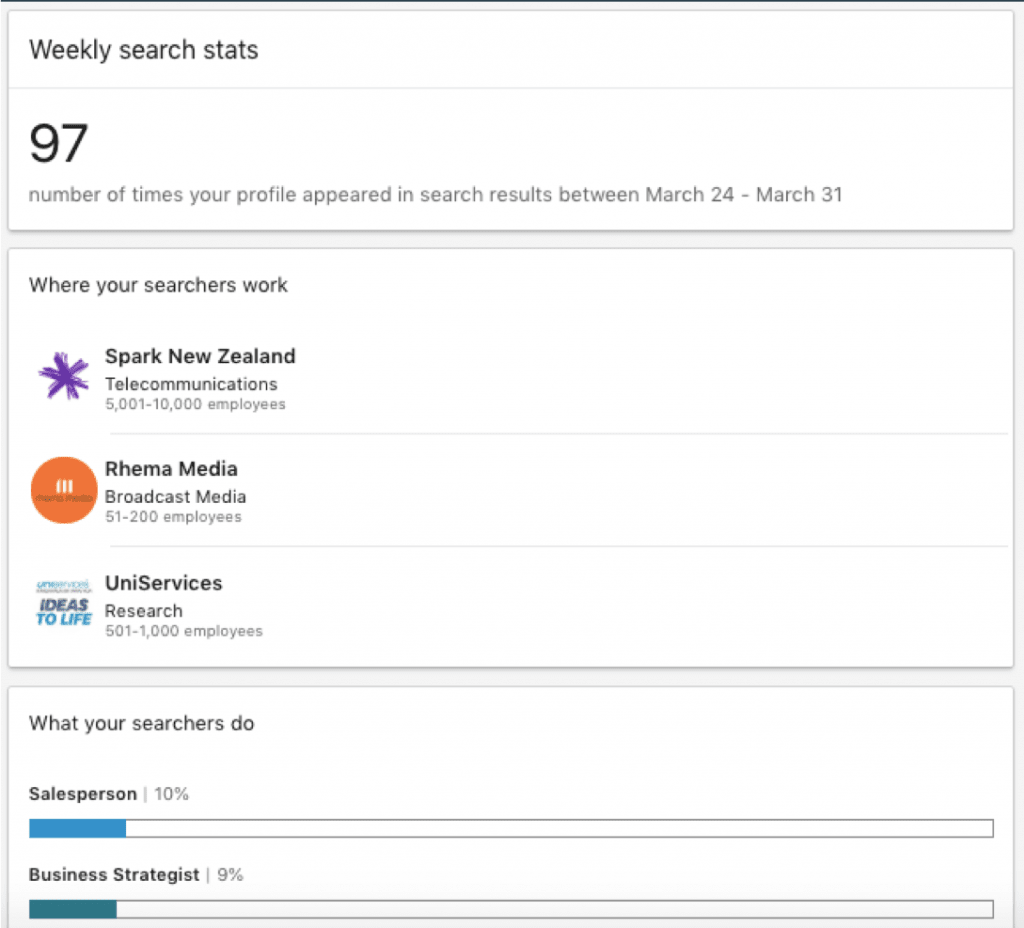 LinkedIn tutorial for business - weekly search stats